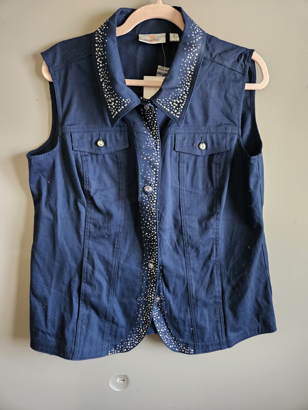 Quaker Factory Sleeveless Navy Button-Up Vest with Studded Trim